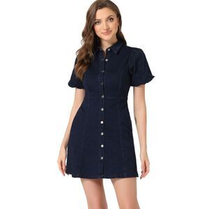 Puff Short Sleeve Collar Button Down Mini Jean Denim Dress Deep Blue
